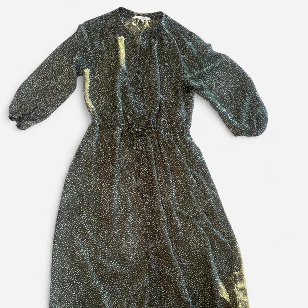 Hawthorne Olive Green Polka Dot Midi Dress Sheer Long Sleeve Tie Waist Sz S
